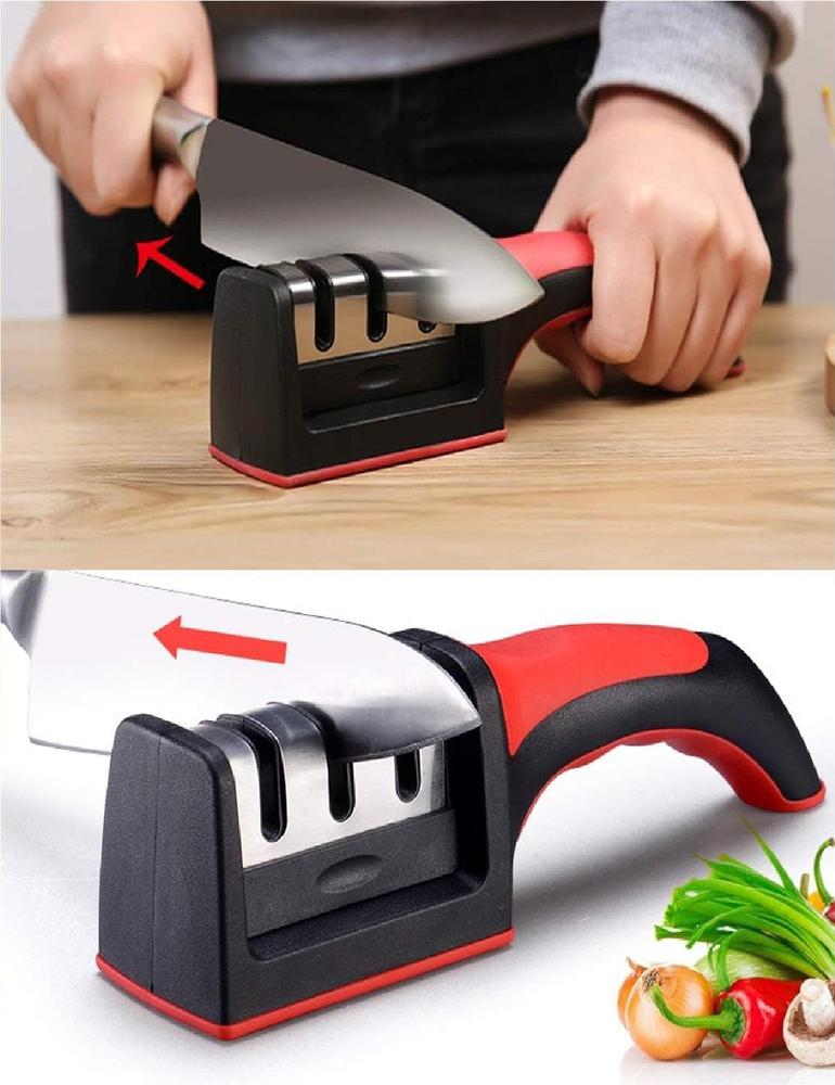 3-in-1 Knife Sharpener Stainless Steel Black Red 🔪✨